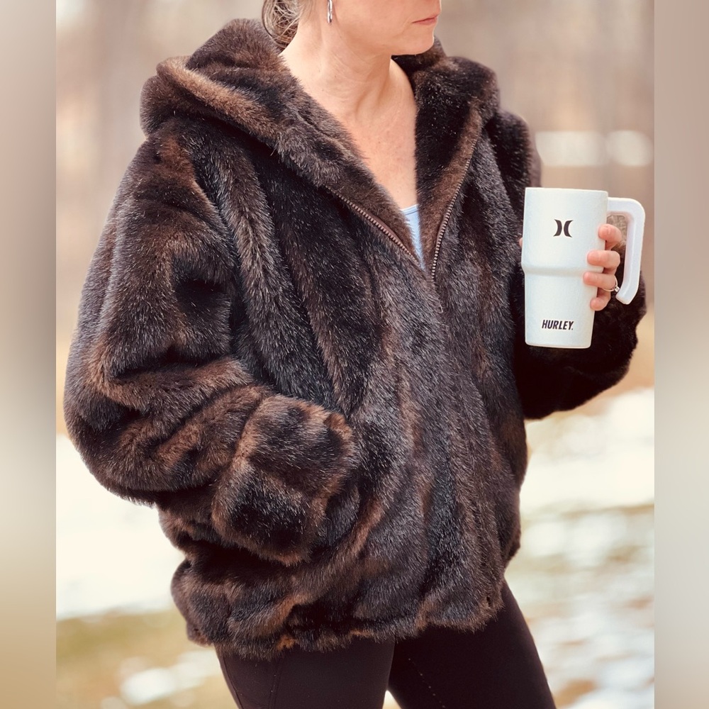 Gorpcore Gallery Vintage like Dark Brown Faux Fur Bomber Jacket